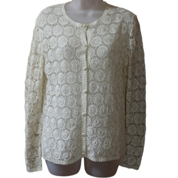 Vintage Red Peacock Hand Crochet White Lace Cardigan Cottagecore Boho Top LG - Picture 1 of 12